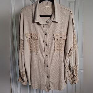 POL Beige Button-Up Shirt with Lace Details NWOT